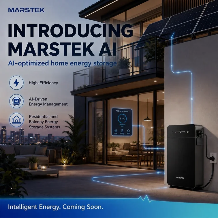 Brand Kit teaser: Introducing MARSTEK AI, AI-optimized home energy storage, Intelligent Energy. Coming Soon.