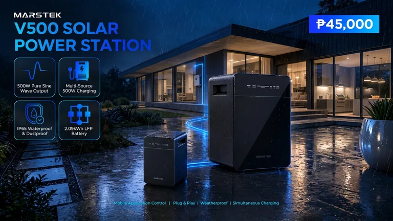 SRP flyer ng V500 Solar Power Station na nagpapakita ng ₱45,000